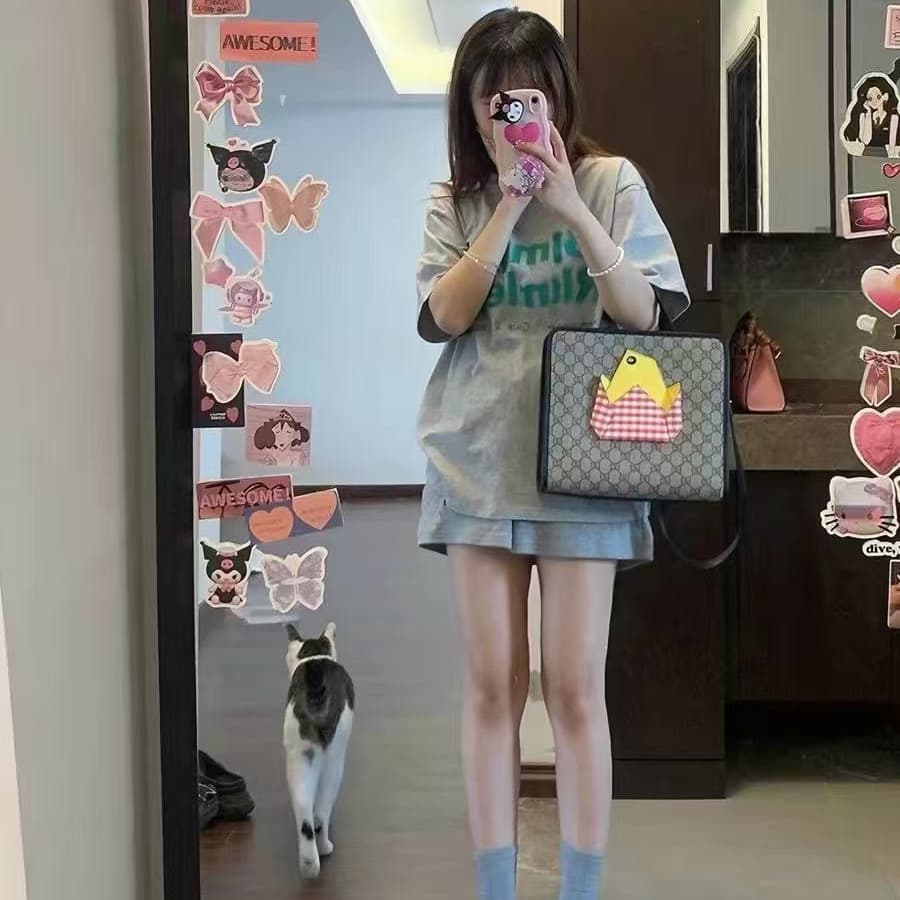 패션 다용도 한국 스타일 캐주얼 바람 알파벳 프린트 반팔 티셔츠 라운드 넥 루즈핏 다용도 반바지 투피스 세트 상세 이미지 2