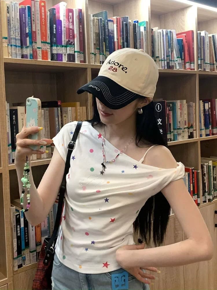 210 그램 40 좋은 면 1 1 아메리칸 별 도트 무늬 도파민 프린트 여름 비스듬한 어깨 오프숄더 맨위