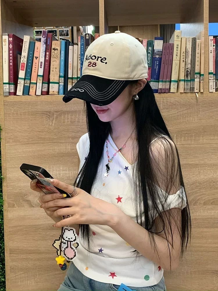 210 그램 40 좋은 면 1 1 아메리칸 별 도트 무늬 도파민 프린트 여름 비스듬한 어깨 오프숄더 맨위 상세 이미지 2