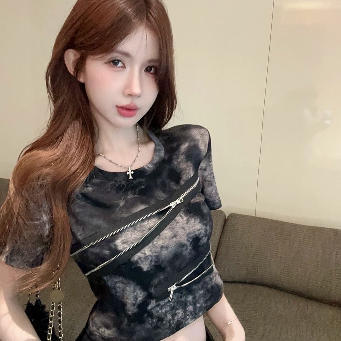 210 그램 40 좋은 면 당겨서 긍정적 인 어깨 반팔 티셔츠 여성 레트로 작은 대중 몸매 가꾸기 핫걸 작 은 흐름 헤일로 염료에 의류 이미지 4