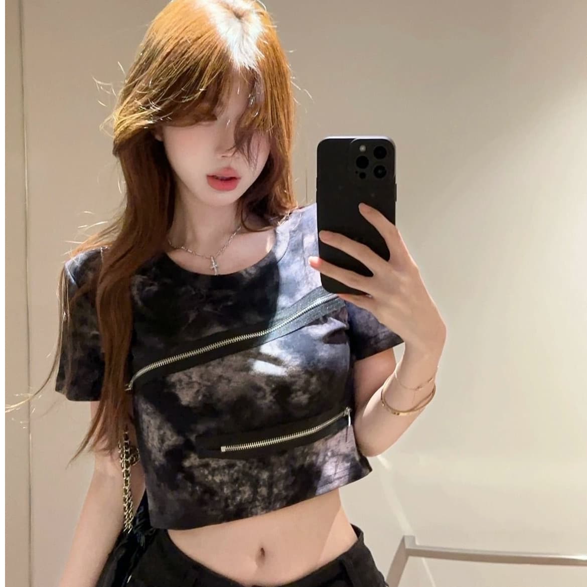 210 그램 40 좋은 면 당겨서 긍정적 인 어깨 반팔 티셔츠 여성 레트로 작은 대중 몸매 가꾸기 핫걸 작 은 흐름 헤일로 염료에 의류 이미지 5