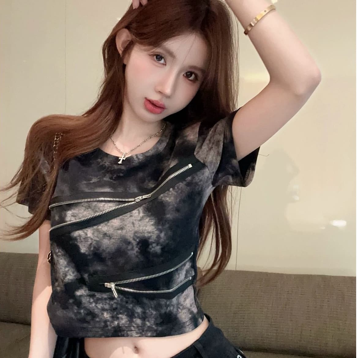 210 그램 40 좋은 면 당겨서 긍정적 인 어깨 반팔 티셔츠 여성 레트로 작은 대중 몸매 가꾸기 핫걸 작 은 흐름 헤일로 염료에 의류 상세 이미지 1