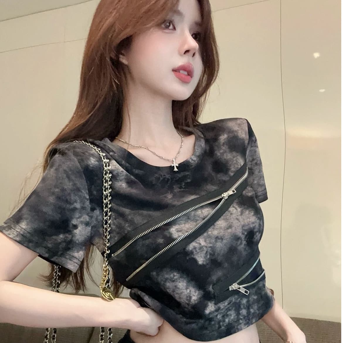 210 그램 40 좋은 면 당겨서 긍정적 인 어깨 반팔 티셔츠 여성 레트로 작은 대중 몸매 가꾸기 핫걸 작 은 흐름 헤일로 염료에 의류 상세 이미지 2