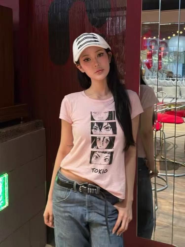 아메리칸 레트로 긍정적 인 어깨 프린트 반팔 티셔츠 여성 2026 여름 거리 다용도 몸매 가꾸기 핫걸 맨위 상세 이미지 3