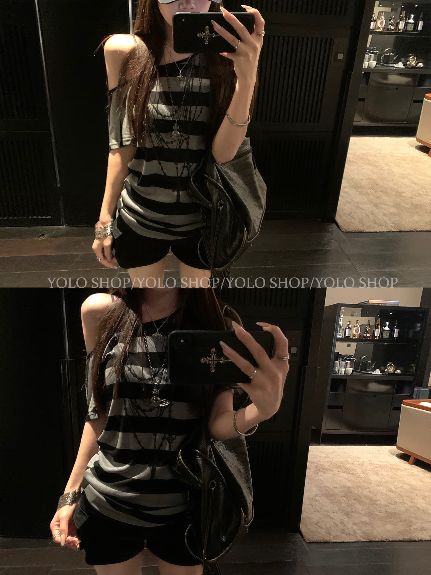 작은 대중 블랙 회색 스트라이프 프린트 비스듬한 어깨 배트윙 소매 티셔츠 여성 여름 새로운 슬림해 보이는 반팔 허리 수축 맨위 이미지 3