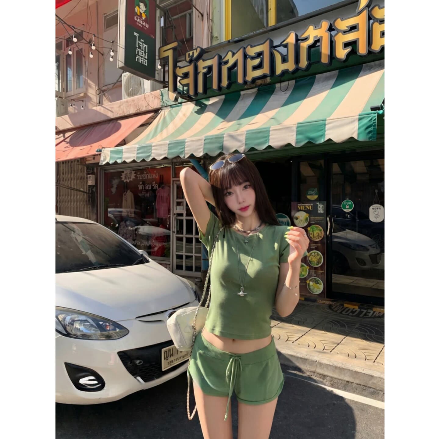 원본 원단 40s 좋은 면 원본 솜씨 한 부서 핫걸 몸매 가꾸기 쇼트 스타일 반팔 맨위 반바지 세트 이미지 2