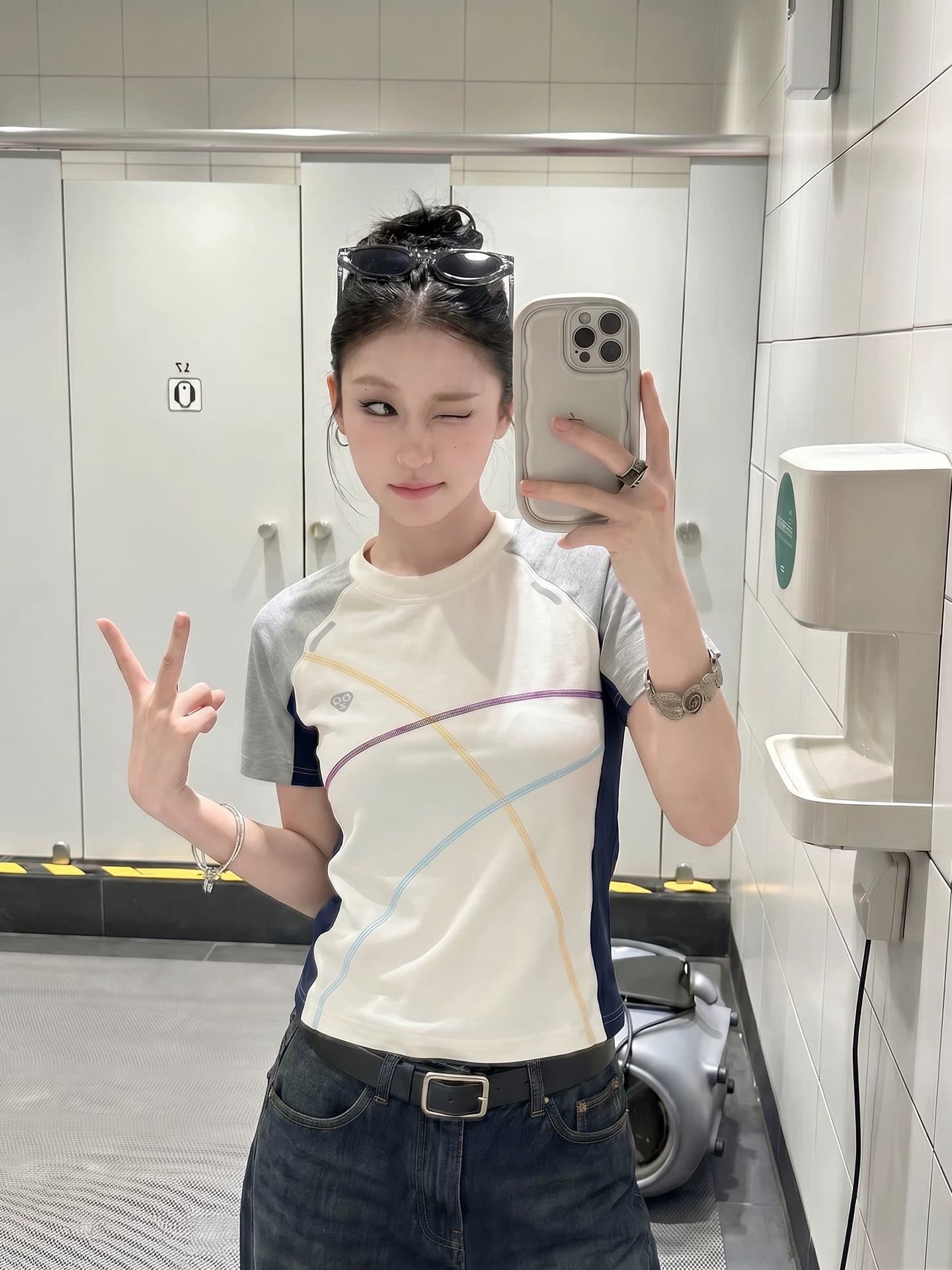 210 그램 40 순면 패치워크 배색 긍정적 인 어깨 반팔 티셔츠 여성 몸매 가꾸기 맨위 이미지 2