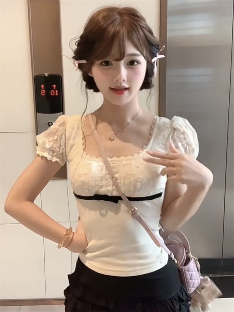 1 1 와 사고 방식 한 부서 달콤함 레이스 조각 나비 매듭 반팔 티셔츠 여성 여름 몸매 가꾸기 슬림해 보이는 거품 소매 맨위 상세 이미지 3