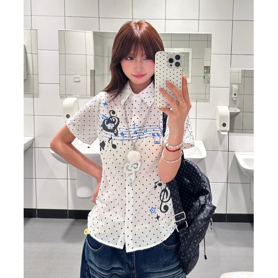 한 부서 레트로 도트 무늬 전체 인쇄 참고 긍정적 인 어깨 반팔 여성 셔츠 여름 허리 수축 슬림해 보이는 맨위 이미지 5