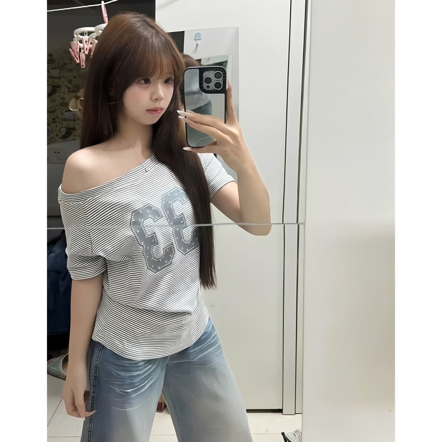 아메리칸 레트로 알파벳 프린트 스트라이프 패치워크 색상 비스듬한 어깨 반팔 티셔츠 상세 이미지 1