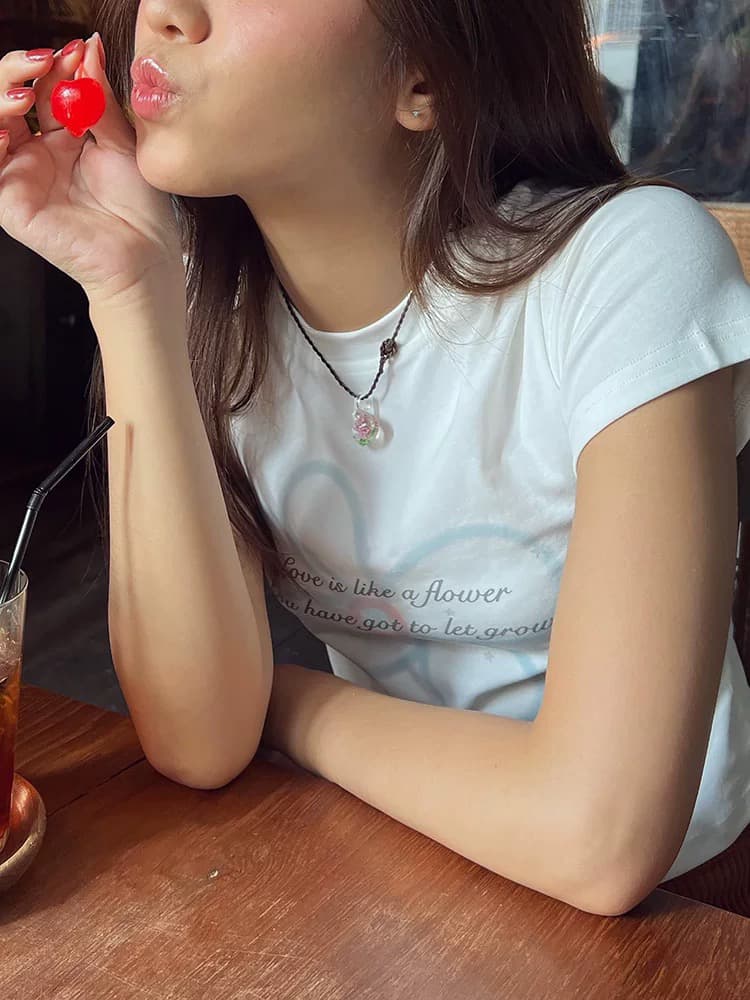 별 꽃 여름 달콤한 핫걸 이슬 뼈의 쇼트 스타일 티셔츠 여성 라운드 넥 다용도 작은 대중 반팔 이미지 2