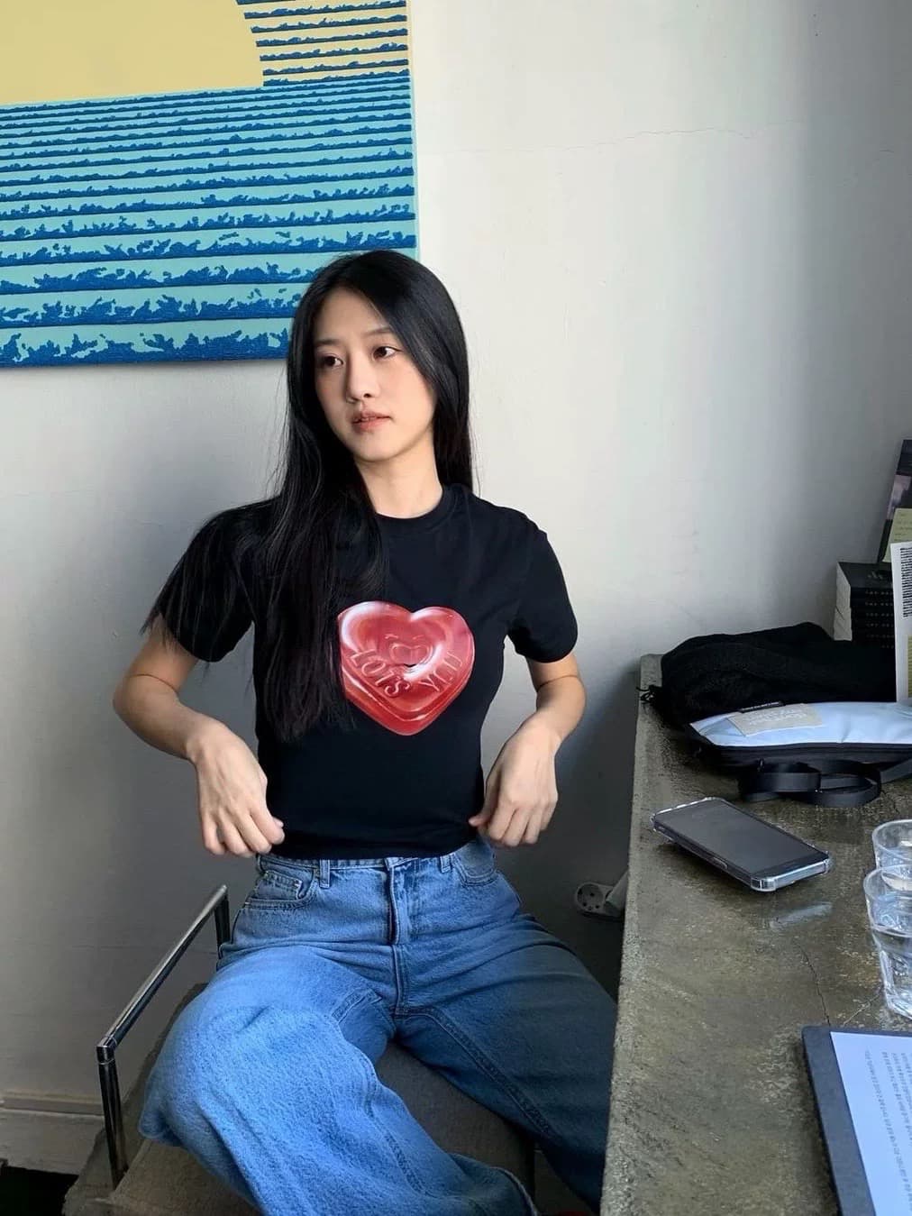 하트 여자 친구 달콤함 여름 검정색 긍정적 인 어깨 다용도 슬림해 보이는 티셔츠 핫걸 싱글 제품 작은 대중 섹션 여름 상세 이미지 1