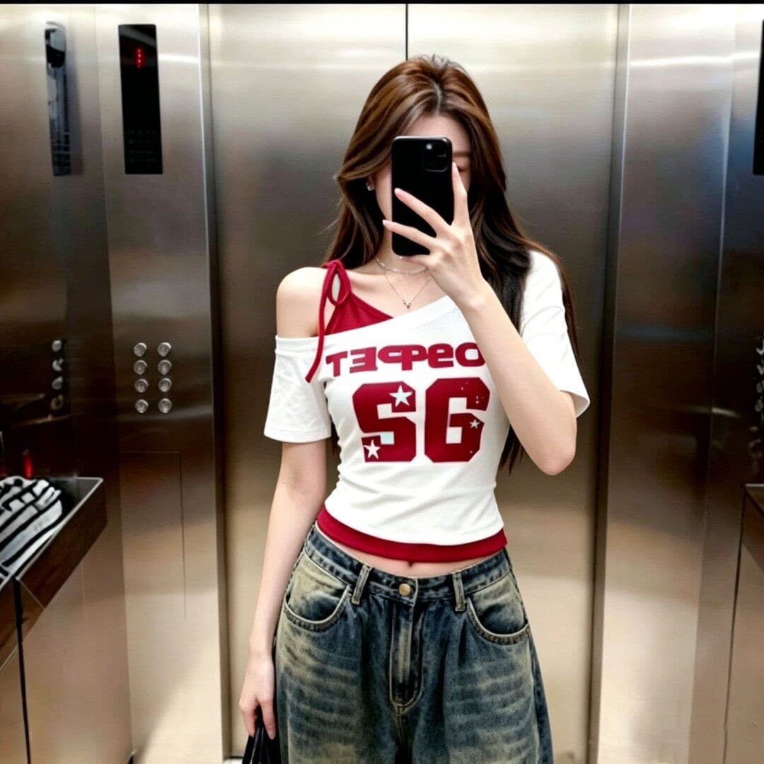 210g 면 92 암모니아 Lun 8 아메리칸 비스듬한 어깨 핫걸 패치워크 페이크 레이어드 반팔 티셔츠 여성 농구 이미지 2