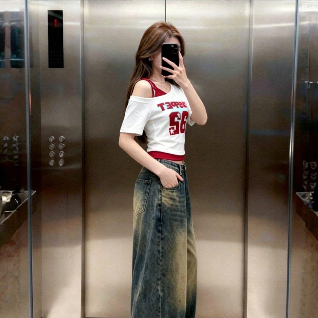 210g 면 92 암모니아 Lun 8 아메리칸 비스듬한 어깨 핫걸 패치워크 페이크 레이어드 반팔 티셔츠 여성 농구 이미지 4