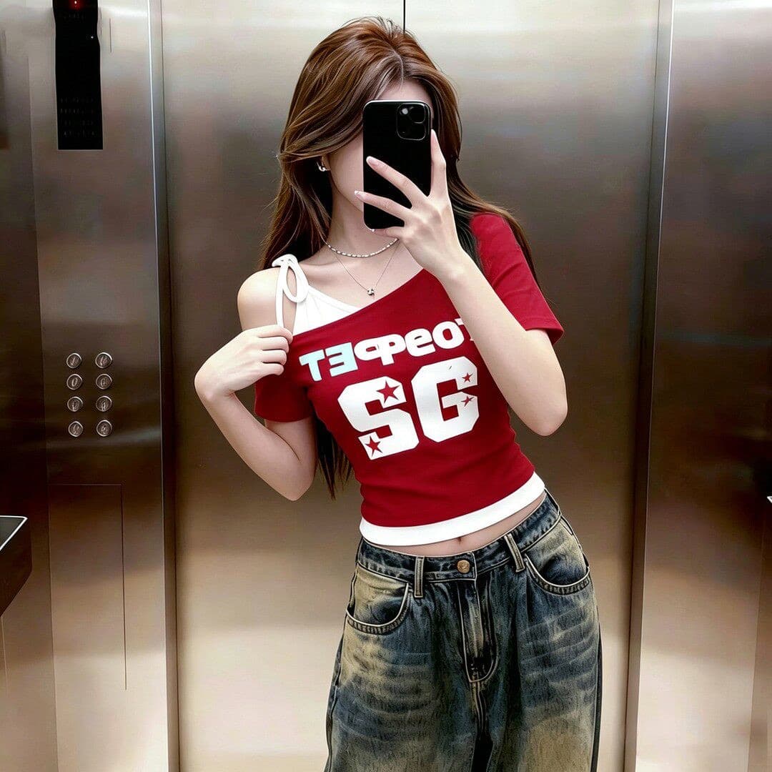 210g 면 92 암모니아 Lun 8 아메리칸 비스듬한 어깨 핫걸 패치워크 페이크 레이어드 반팔 티셔츠 여성 농구 상세 이미지 5