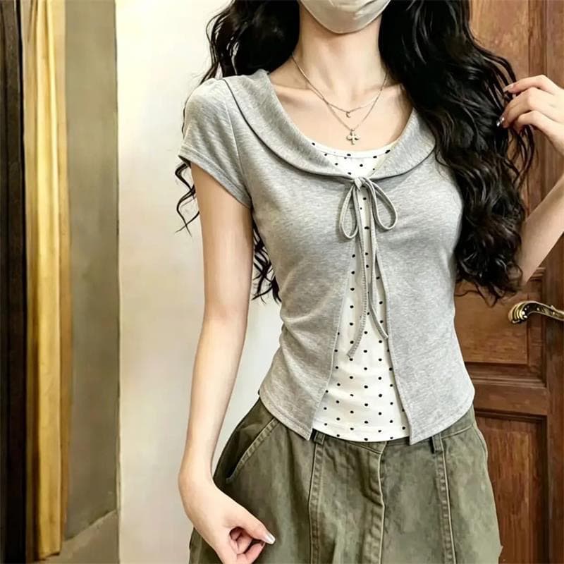 40 차가운 실크 코튼 페이크 레이어드 원본 솜씨 하트 프린트 베이비 칼라 도트 무늬 레이스업 반팔 티셔츠 이미지 2