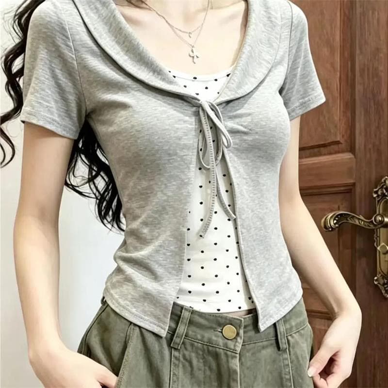 40 차가운 실크 코튼 페이크 레이어드 원본 솜씨 하트 프린트 베이비 칼라 도트 무늬 레이스업 반팔 티셔츠 상세 이미지 1