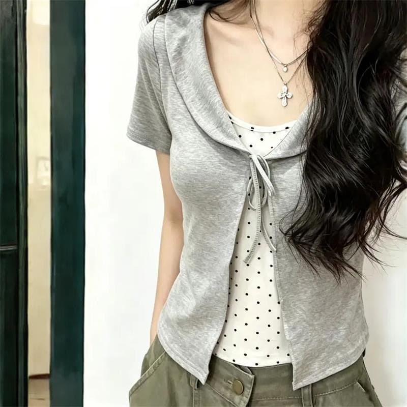 40 차가운 실크 코튼 페이크 레이어드 원본 솜씨 하트 프린트 베이비 칼라 도트 무늬 레이스업 반팔 티셔츠 상세 이미지 3