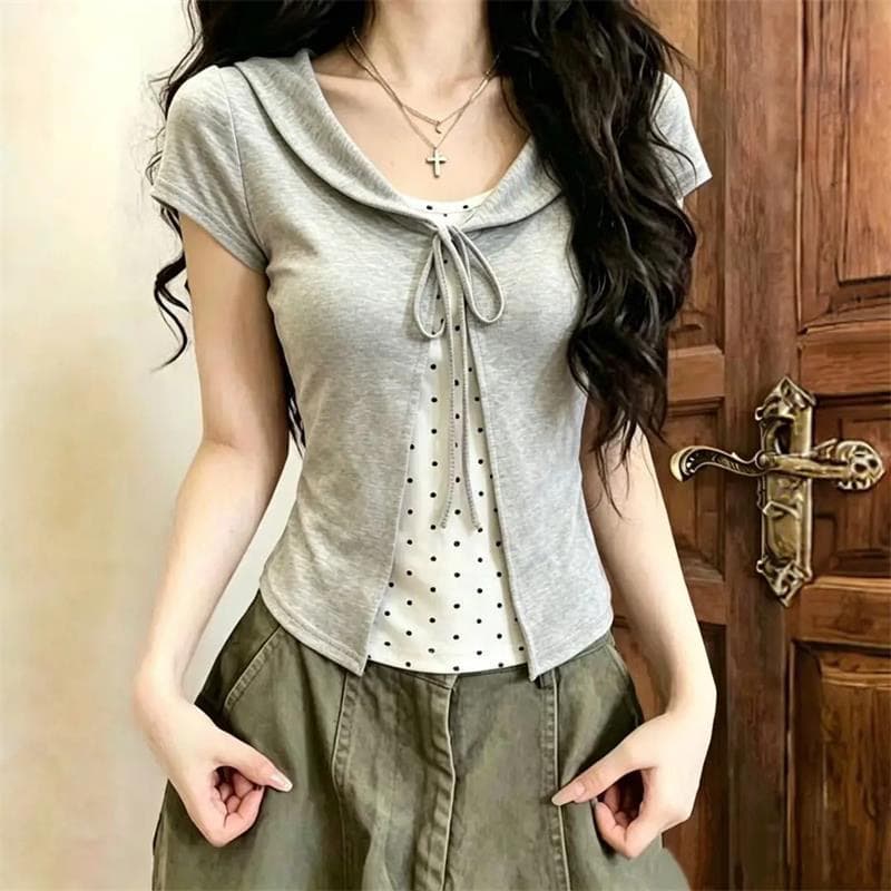 40 차가운 실크 코튼 페이크 레이어드 원본 솜씨 하트 프린트 베이비 칼라 도트 무늬 레이스업 반팔 티셔츠 상세 이미지 4