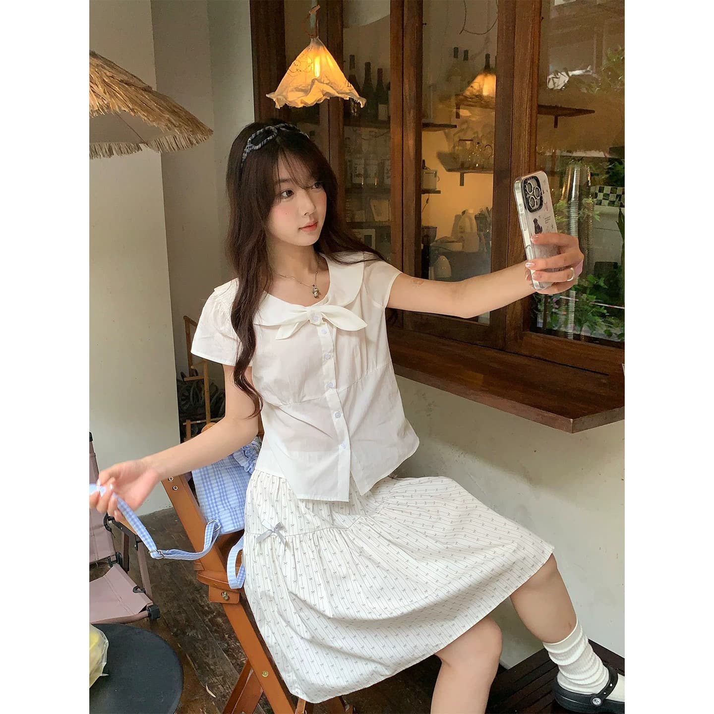 hollyii 한 부서 라운드 넥 싱글 줄 버튼 허리 수축 나비 넥타이 셔츠 몸매 가꾸기 슬림해 보이는 반팔 맨위 이미지 4