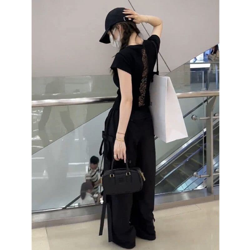 모달 260 순수한 욕망 뒤에 홀로우 아웃 레이스 조각 몸매 가꾸기 슬림해 보이는 반팔 티셔츠 여성 상세 이미지 5