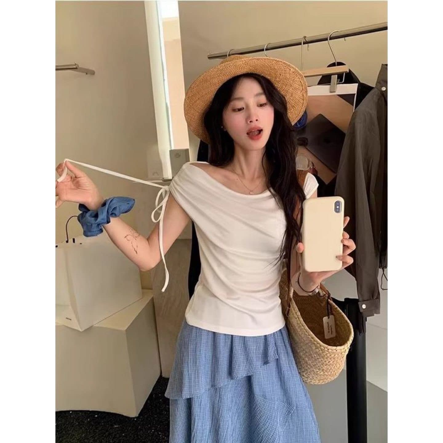 경관 그림 와 사고 방식 모달 260 그램 1 1 순수한 욕망 바람 오프숄더 스트랩 몸매 가꾸기 티셔츠