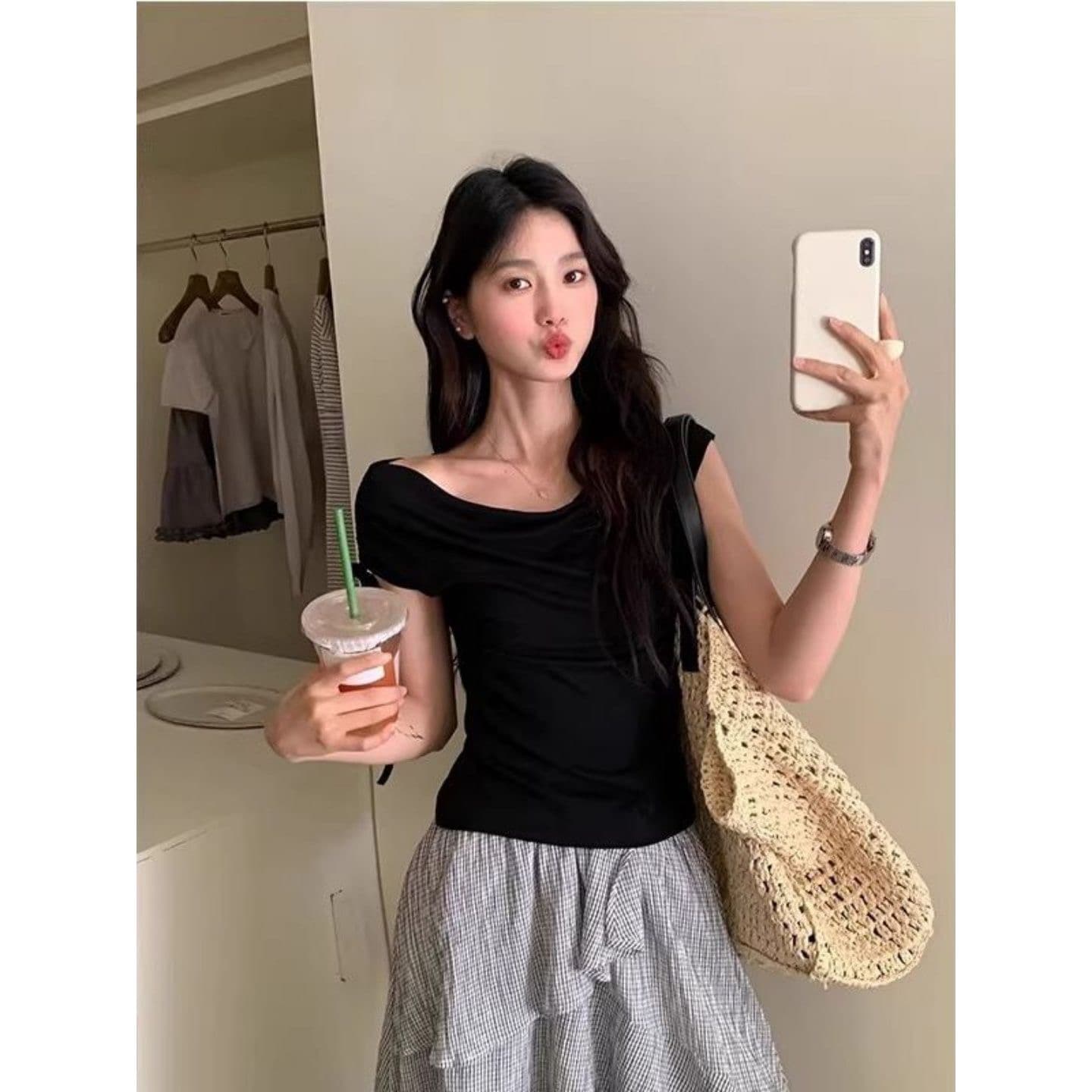 경관 그림 와 사고 방식 모달 260 그램 1 1 순수한 욕망 바람 오프숄더 스트랩 몸매 가꾸기 티셔츠 이미지 2