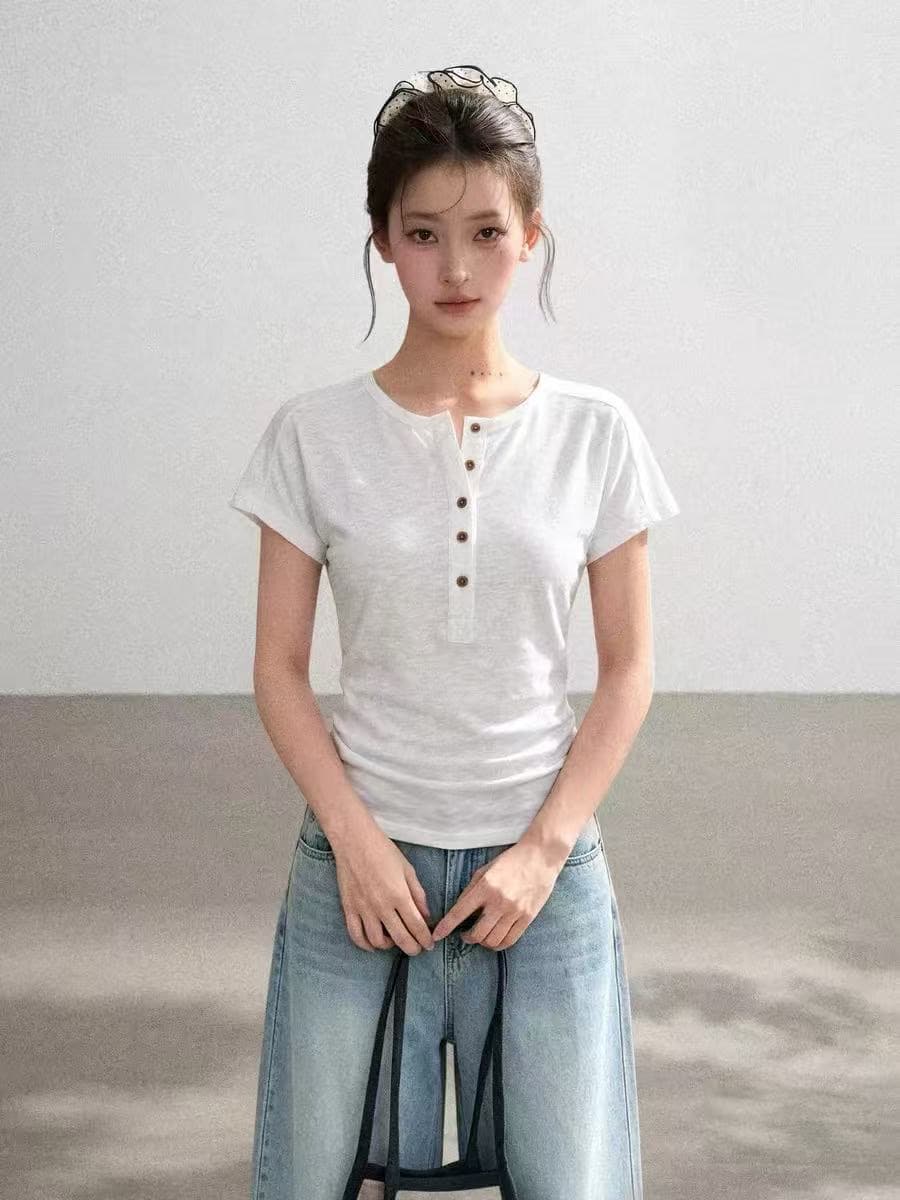 화이트 헨리 칼라 반팔 티셔츠 여성 여름 얇은 스타일 루즈핏 배트윙 소매 맨위 이미지 2