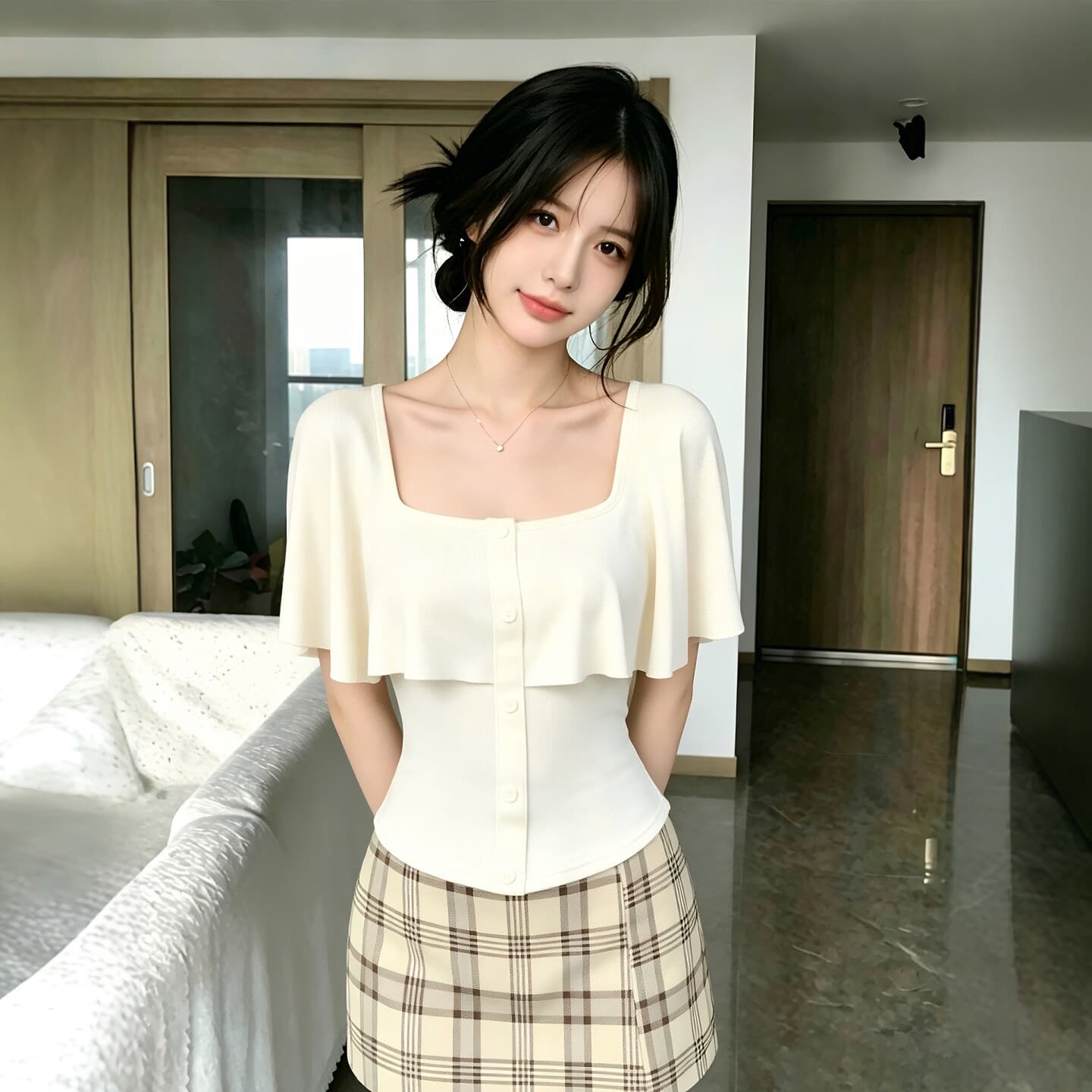 살구 색상 프릴 오프숄더 반팔 티셔츠 여성 2026 여름 새로운 디자인 센스 허리 수축 몸매 가꾸기 슬림해 보이는 맨위 상세 이미지 3