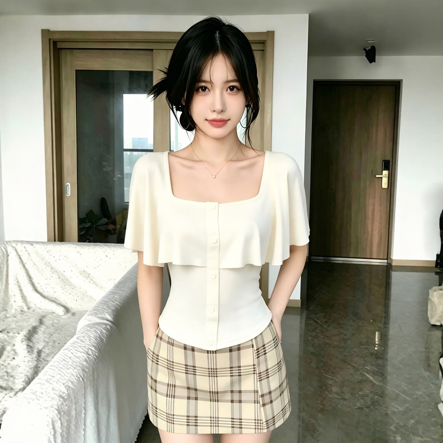 살구 색상 프릴 오프숄더 반팔 티셔츠 여성 2026 여름 새로운 디자인 센스 허리 수축 몸매 가꾸기 슬림해 보이는 맨위 상세 이미지 4