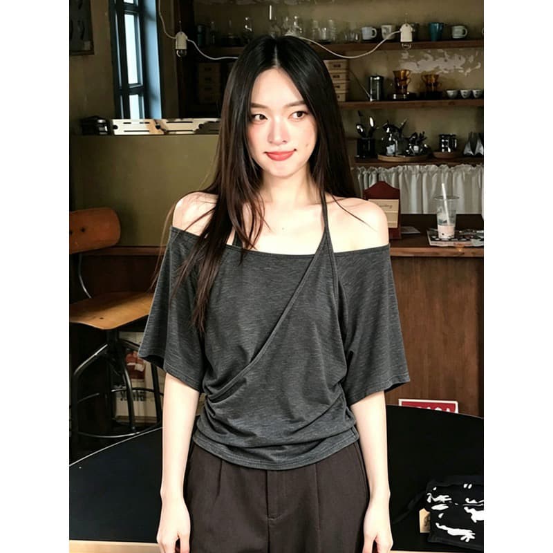 핫걸 바람 행침 목 오프숄더 페이크 레이어드 티셔츠 여성 여름 슬림해 보이는 허리 수축 반팔 맨위 상세 이미지 5