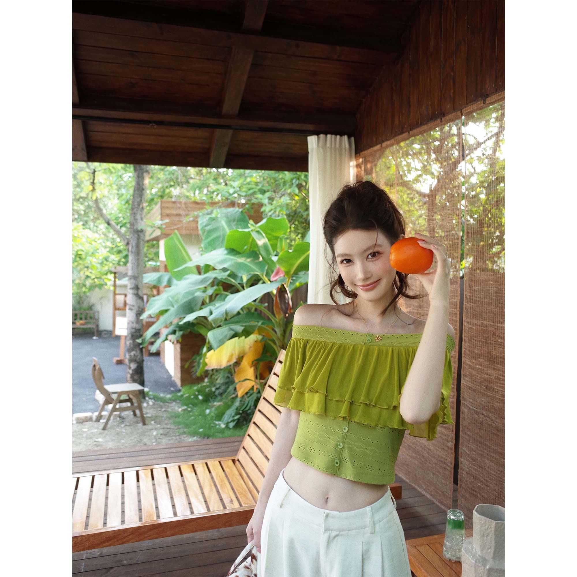 원본 광저우 원단 원본 것 프릴 오프숄더 쇼트 스타일 티셔츠 여성 여름 홀로우 아웃 디자인 센스 맨위 이미지 3