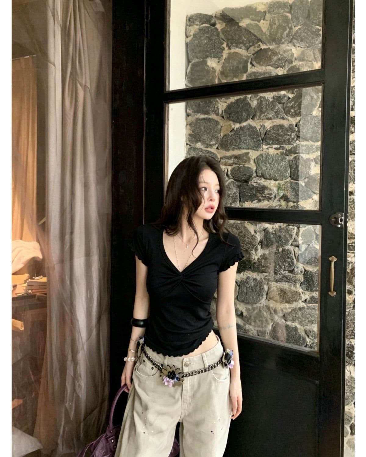 모달 260 그램 사람들 면 원본 것 여름 순수한 욕망 바람 비틀림 V넥 몸매 가꾸기 반팔 티셔츠 상세 이미지 3