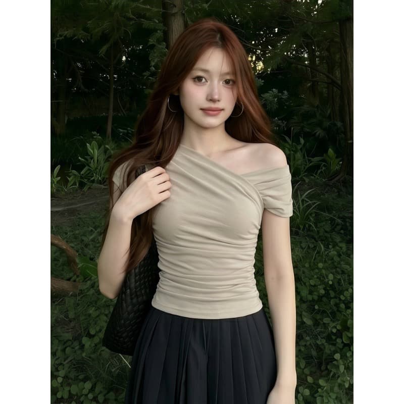 한 부서 회색 살구 색상 비스듬한 어깨 오프숄더 반팔 티셔츠 여성 몸매 가꾸기 품격 디자인 센스 맨위 상세 이미지 3