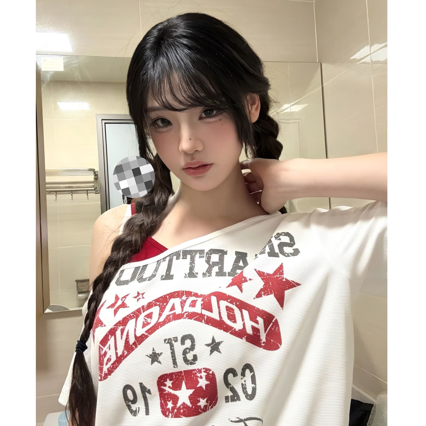 광저우 원단 후아 남편 그리드 디지털 직분사 한 부서 가짜 두 조각 비스듬한 어깨 반팔 티셔츠 패치워크 색상 맨위 이미지 5