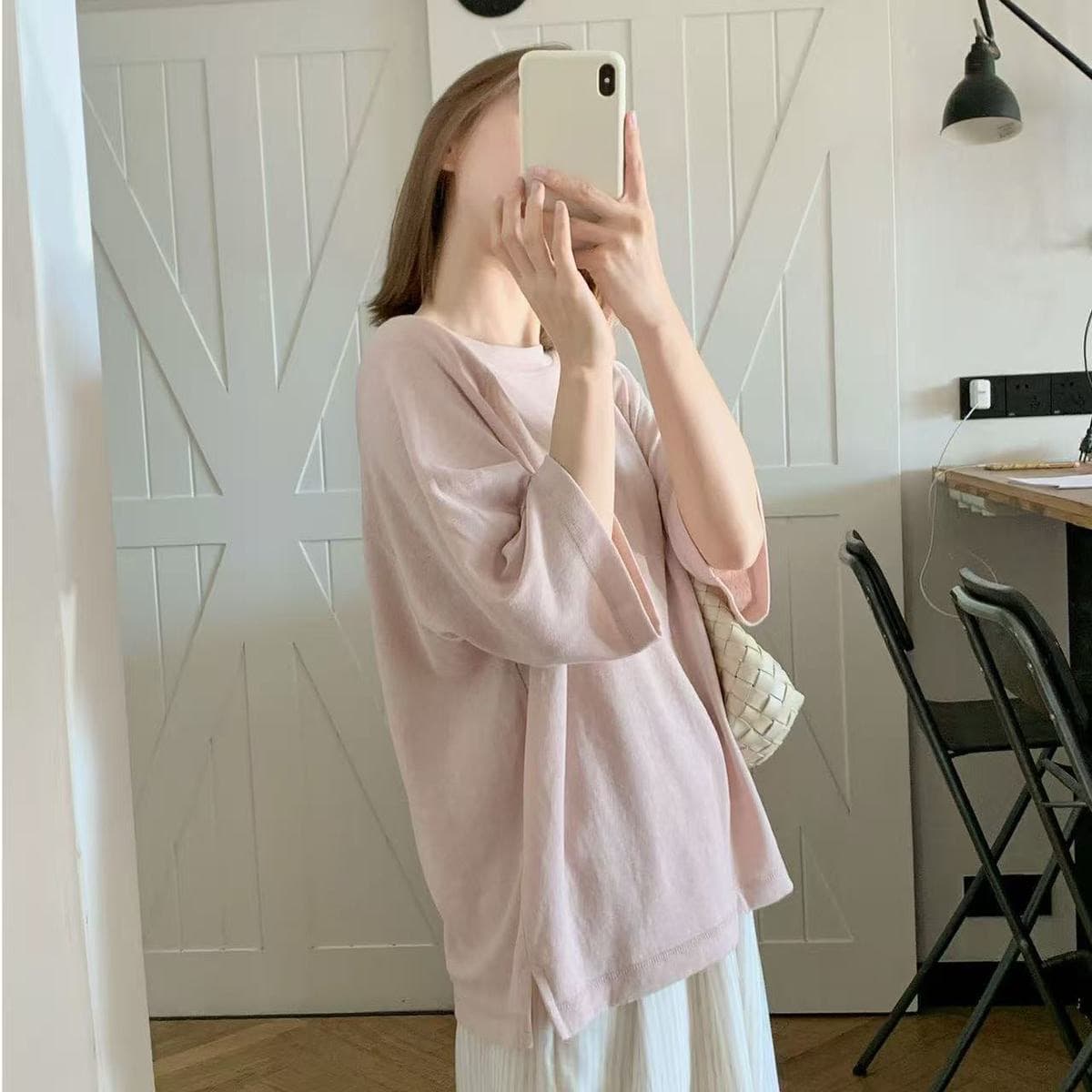 광저우 원단 눈꽃 면 원본 솜씨 단색 반팔 티셔츠 여성 이미지 2