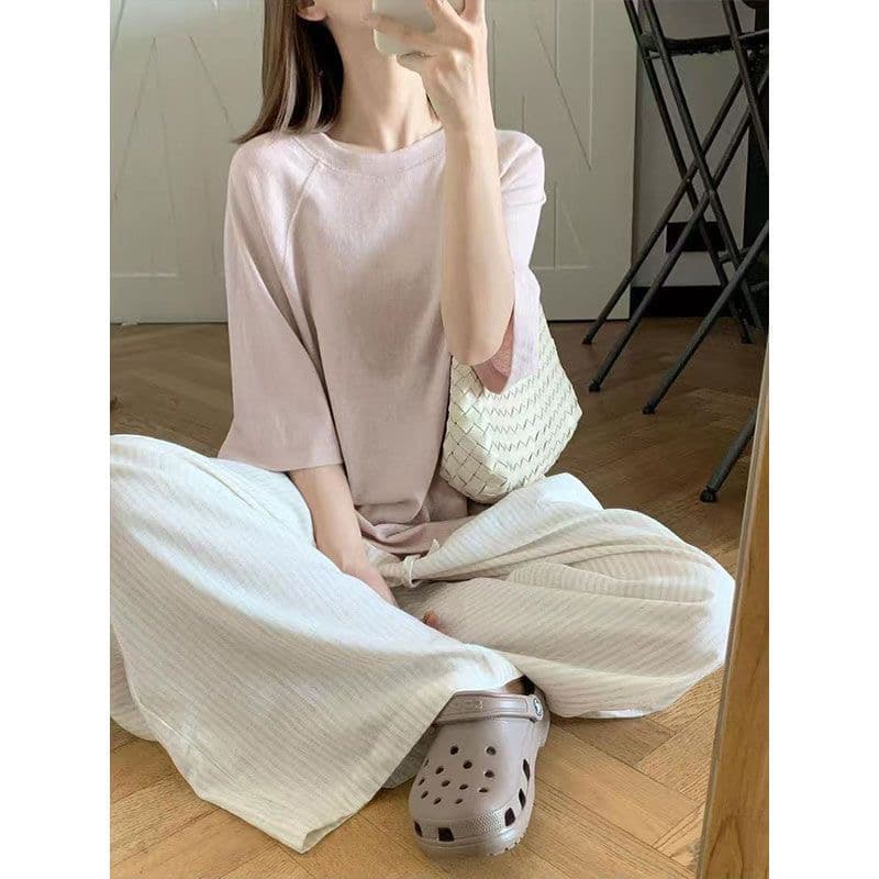 광저우 원단 눈꽃 면 원본 솜씨 단색 반팔 티셔츠 여성 이미지 5