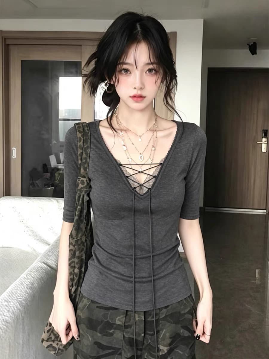 40 오스트리아 세대 서울 210 그램 순면 핫걸 V넥 레이스 레이스업 티셔츠 여성 여름 디자인 센스 맨위