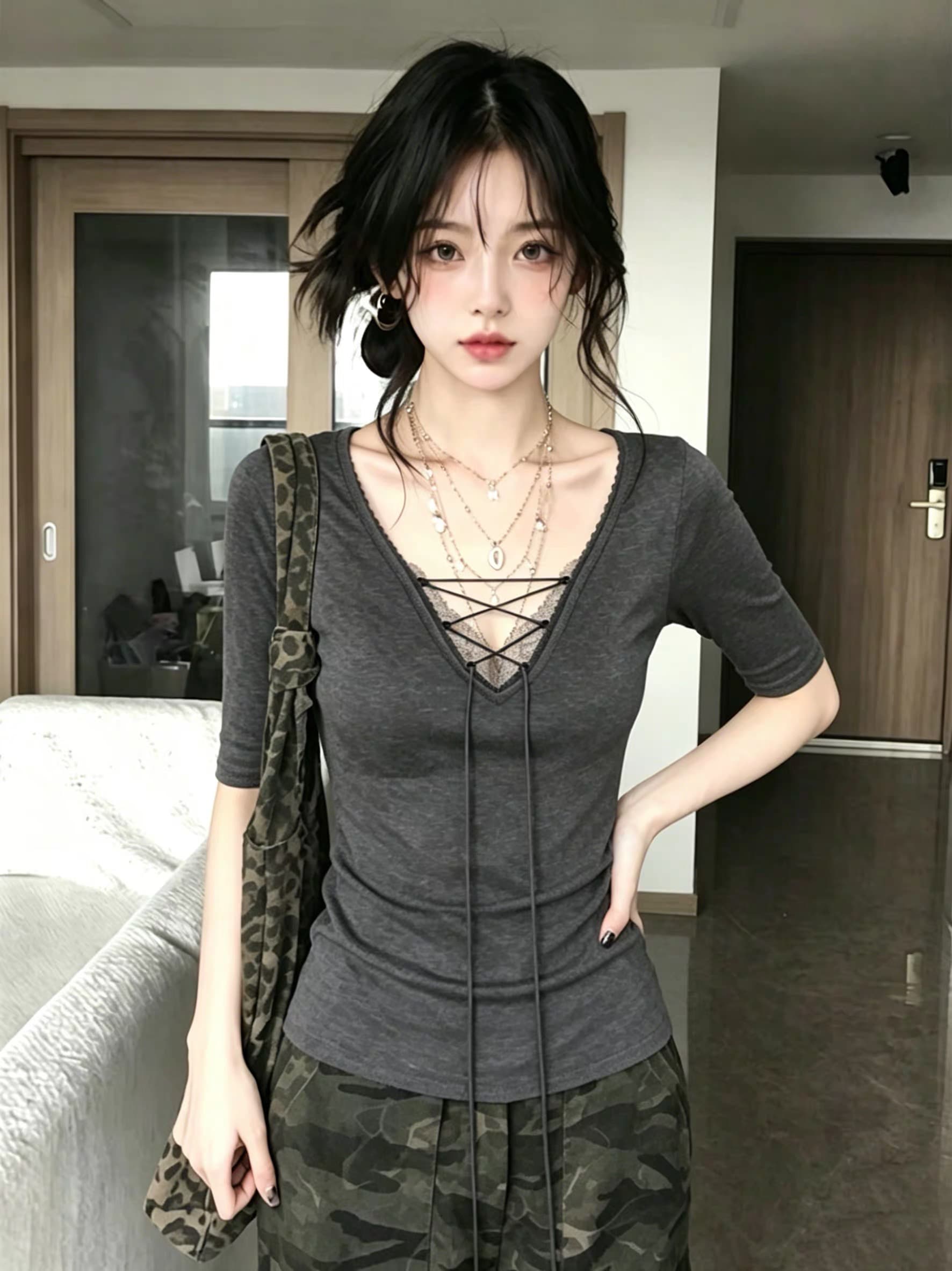 40 오스트리아 세대 서울 210 그램 순면 핫걸 V넥 레이스 레이스업 티셔츠 여성 여름 디자인 센스 맨위 상세 이미지 4