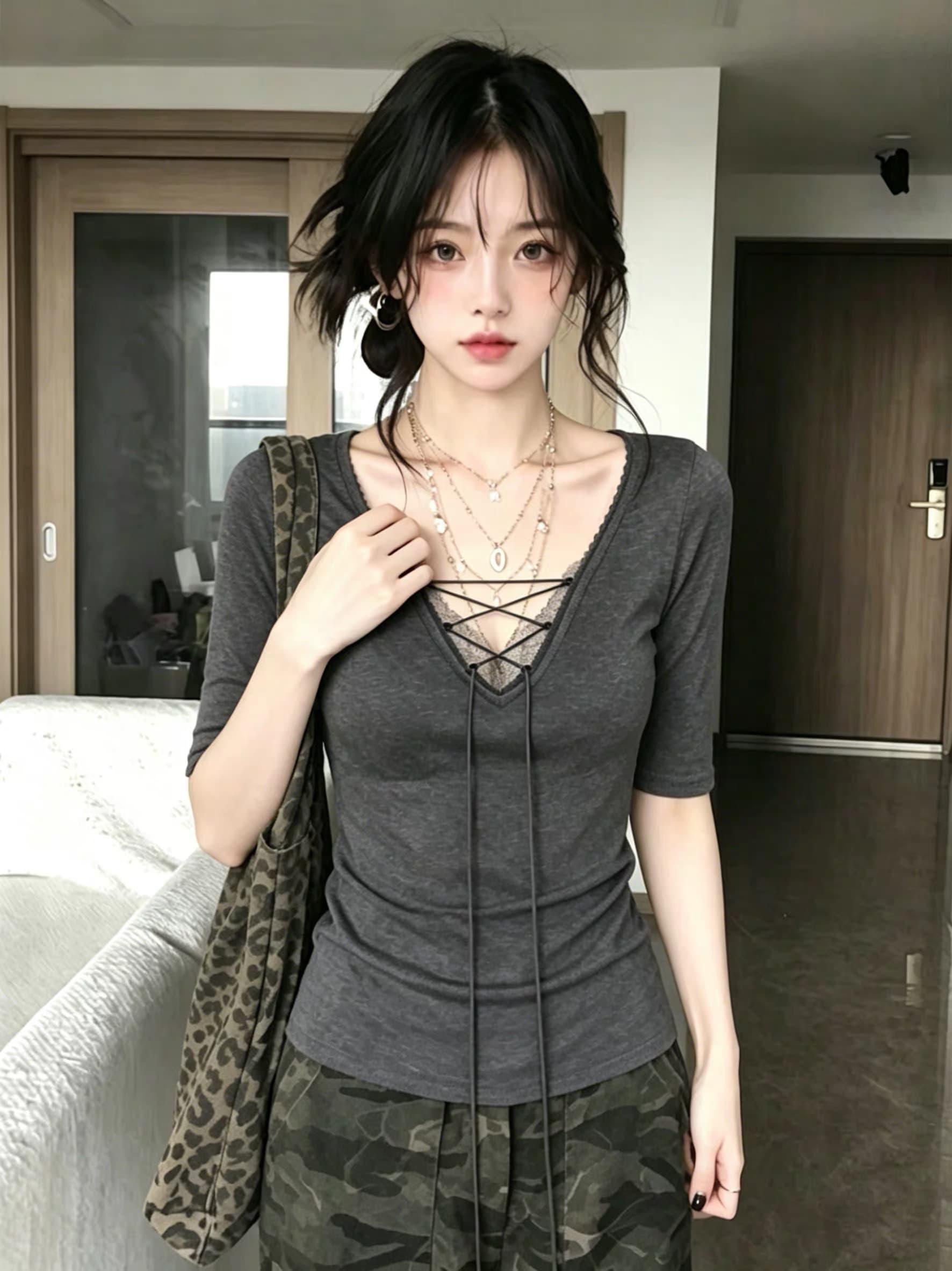 40 오스트리아 세대 서울 210 그램 순면 핫걸 V넥 레이스 레이스업 티셔츠 여성 여름 디자인 센스 맨위 상세 이미지 5