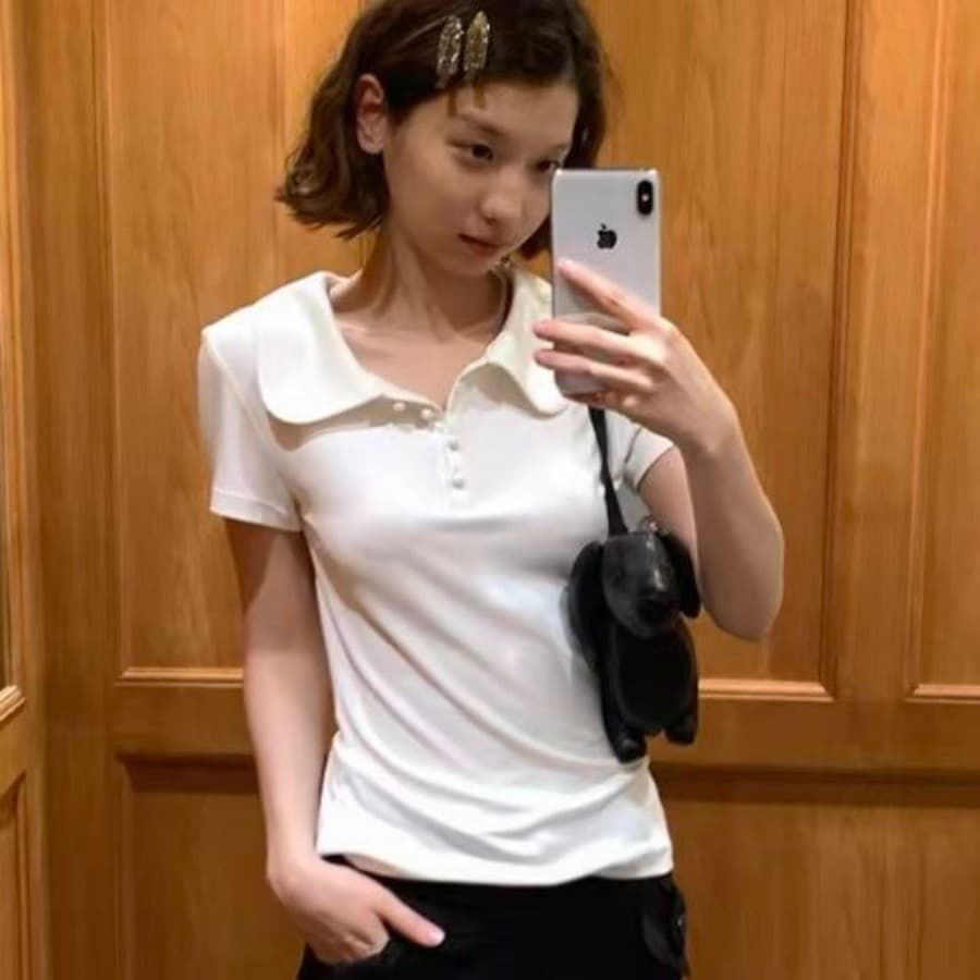 220 그램 92 면 8 암모니아 Lun POLO 칼라 기초 섹션 반팔 티셔츠 여성 이미지 2