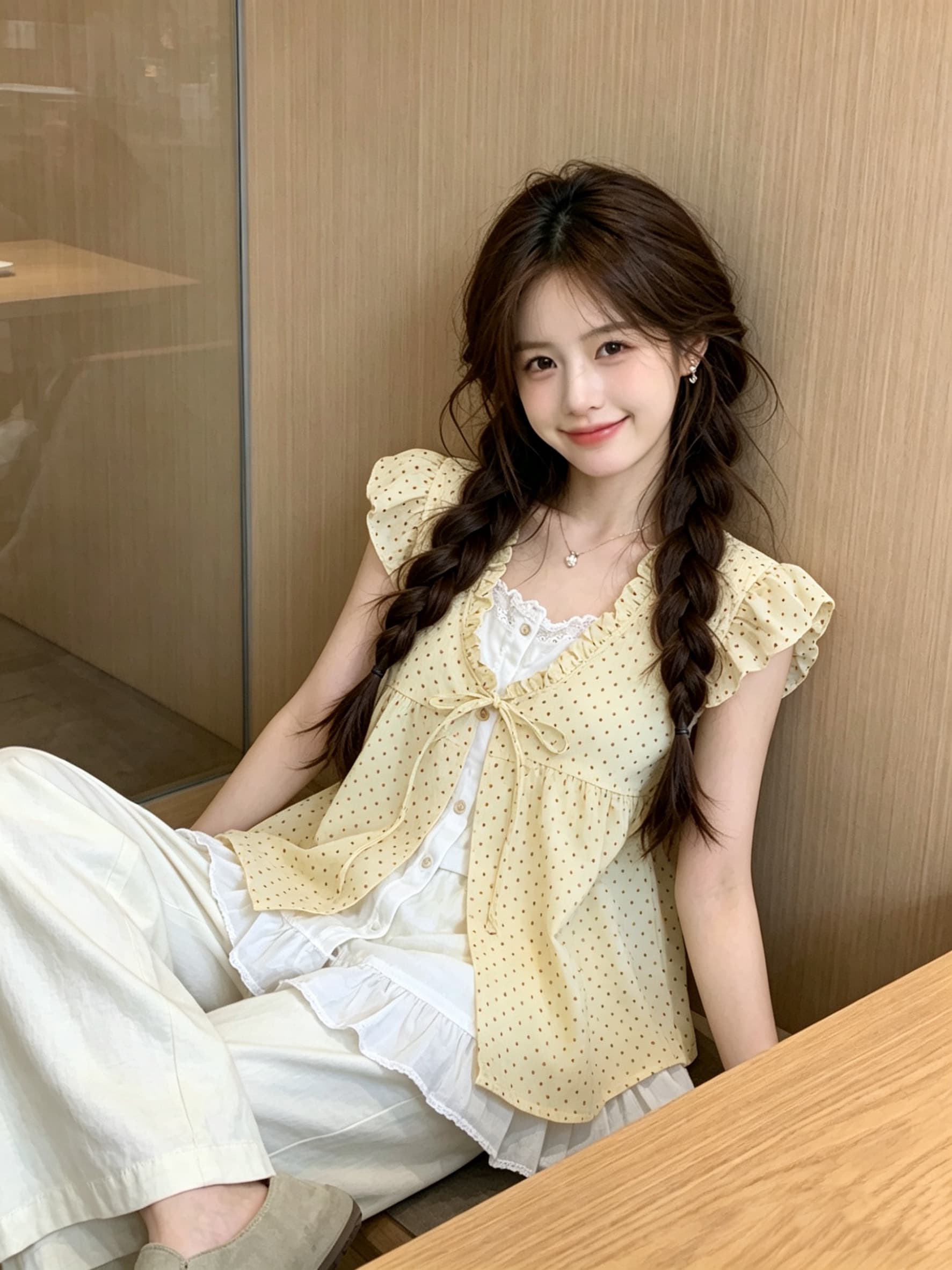 밝은 황색 소녀 센스 프릴 페이크 레이어드 여성 셔츠 여름 얇은 스타일 도트 무늬 인형 셔츠 작은 날다 소매