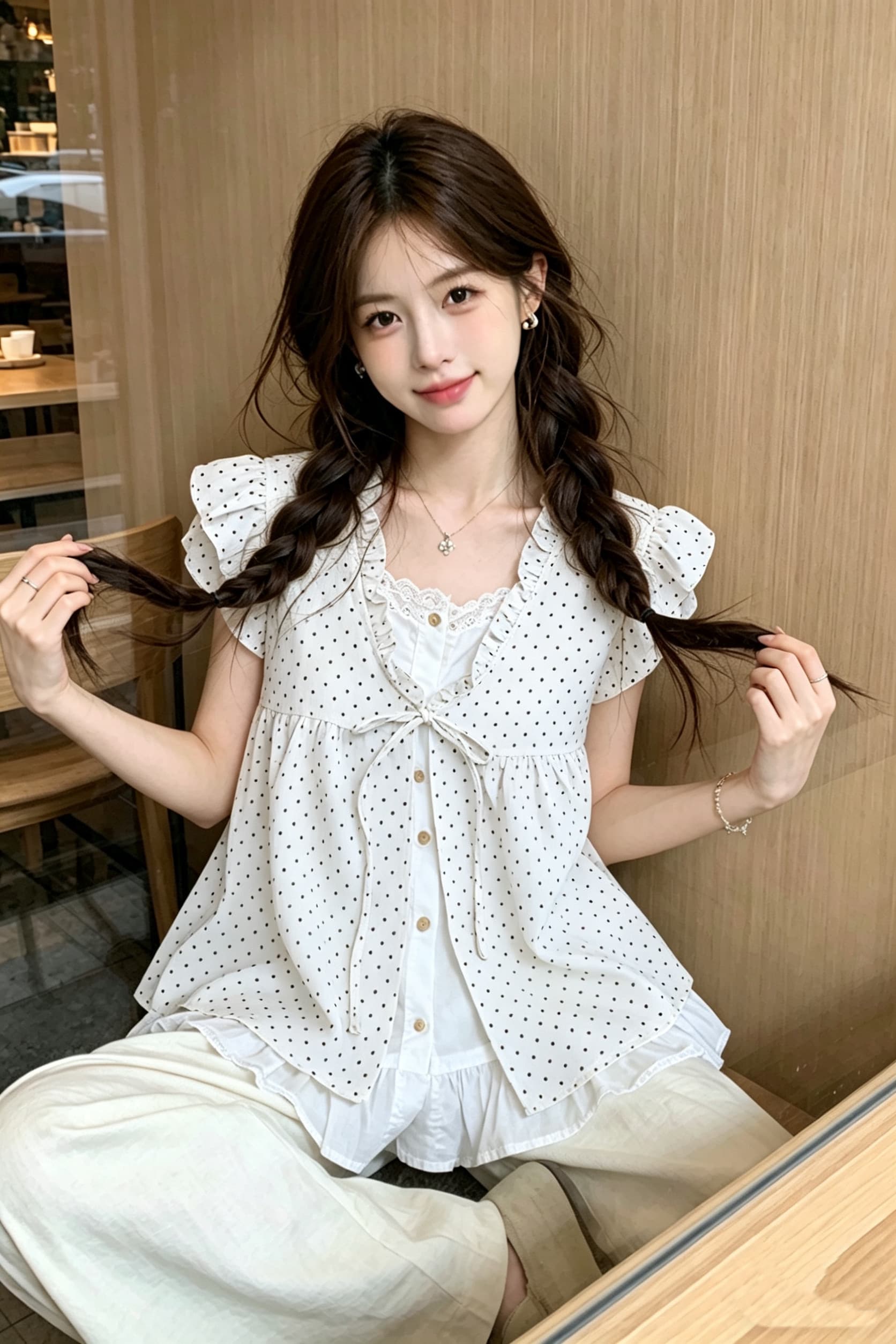 밝은 황색 소녀 센스 프릴 페이크 레이어드 여성 셔츠 여름 얇은 스타일 도트 무늬 인형 셔츠 작은 날다 소매 이미지 2