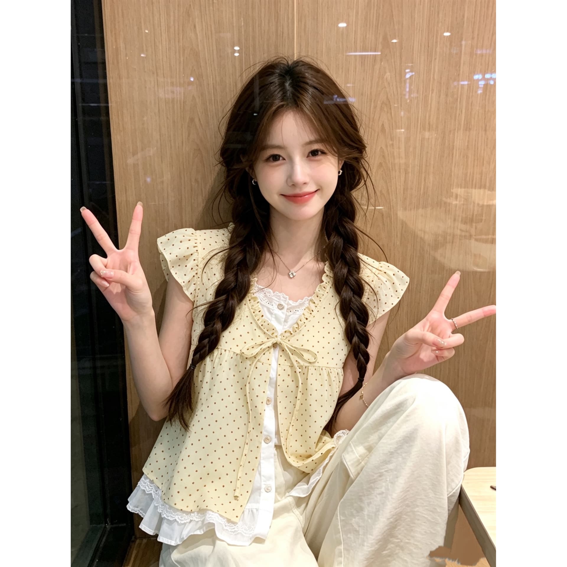 밝은 황색 소녀 센스 프릴 페이크 레이어드 여성 셔츠 여름 얇은 스타일 도트 무늬 인형 셔츠 작은 날다 소매 이미지 5