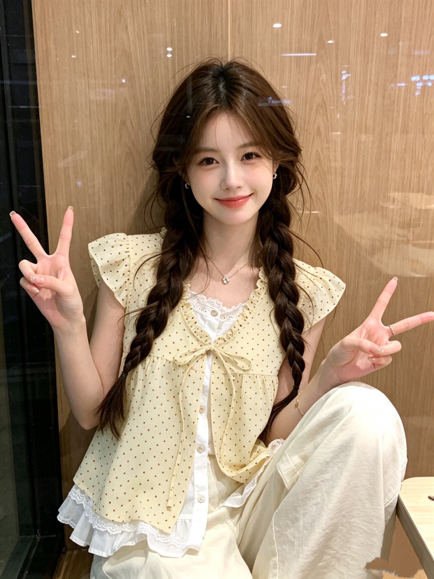 밝은 황색 소녀 센스 프릴 페이크 레이어드 여성 셔츠 여름 얇은 스타일 도트 무늬 인형 셔츠 작은 날다 소매 상세 이미지 2