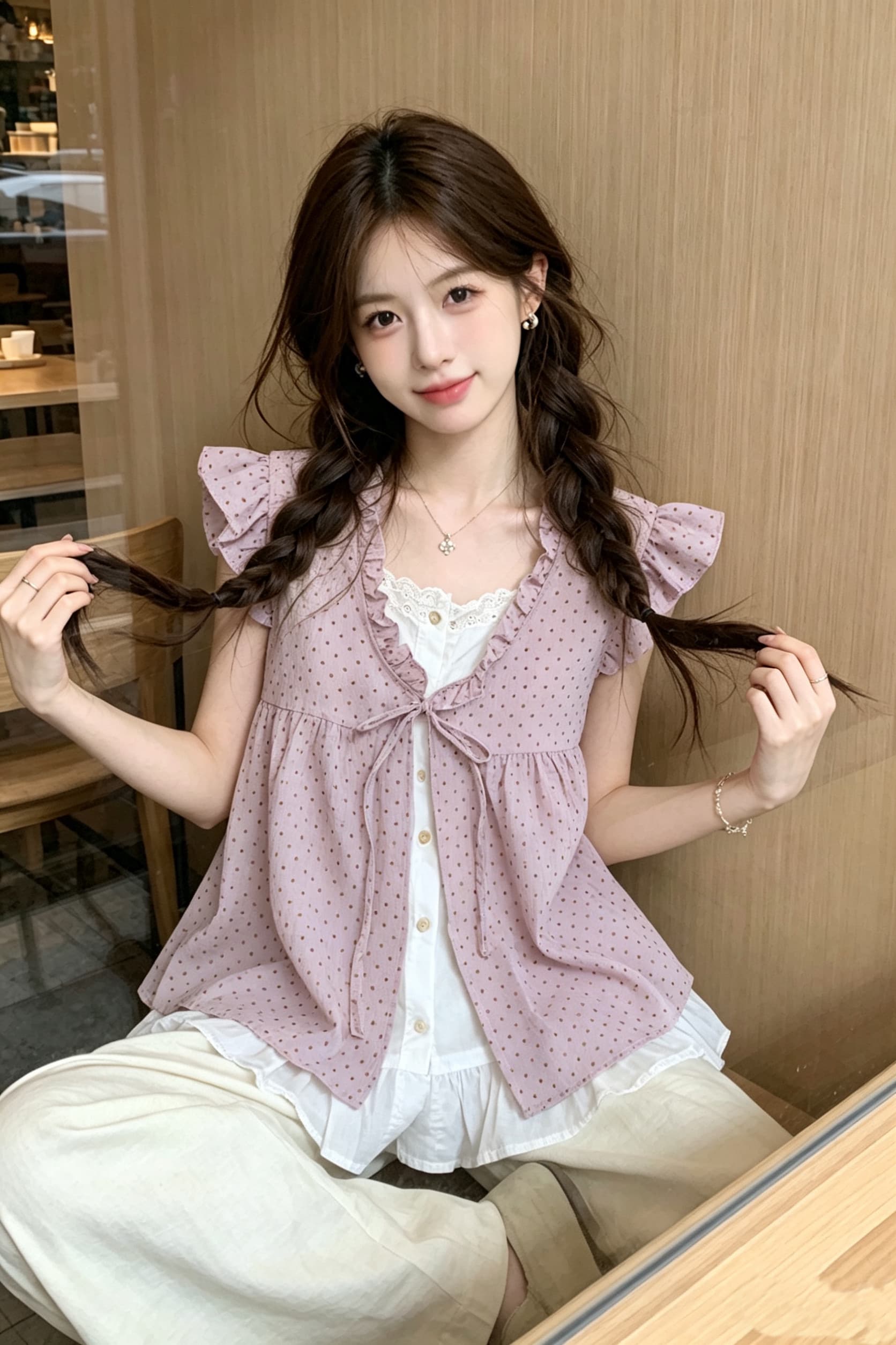밝은 황색 소녀 센스 프릴 페이크 레이어드 여성 셔츠 여름 얇은 스타일 도트 무늬 인형 셔츠 작은 날다 소매 상세 이미지 4