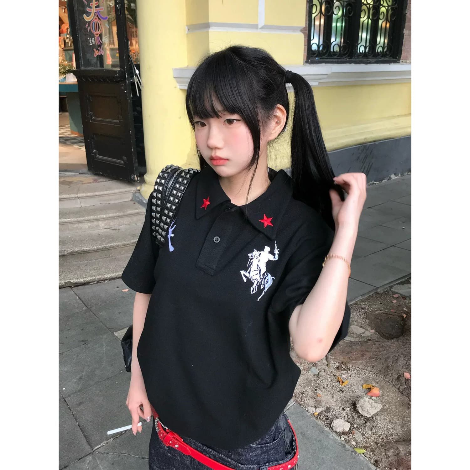 아메리칸 자수 POLO 칼라 학원 스타일 긍정적 인 어깨 반팔 티셔츠 남녀 여름 루즈핏 에디션 느긋한 커플룩 맨위