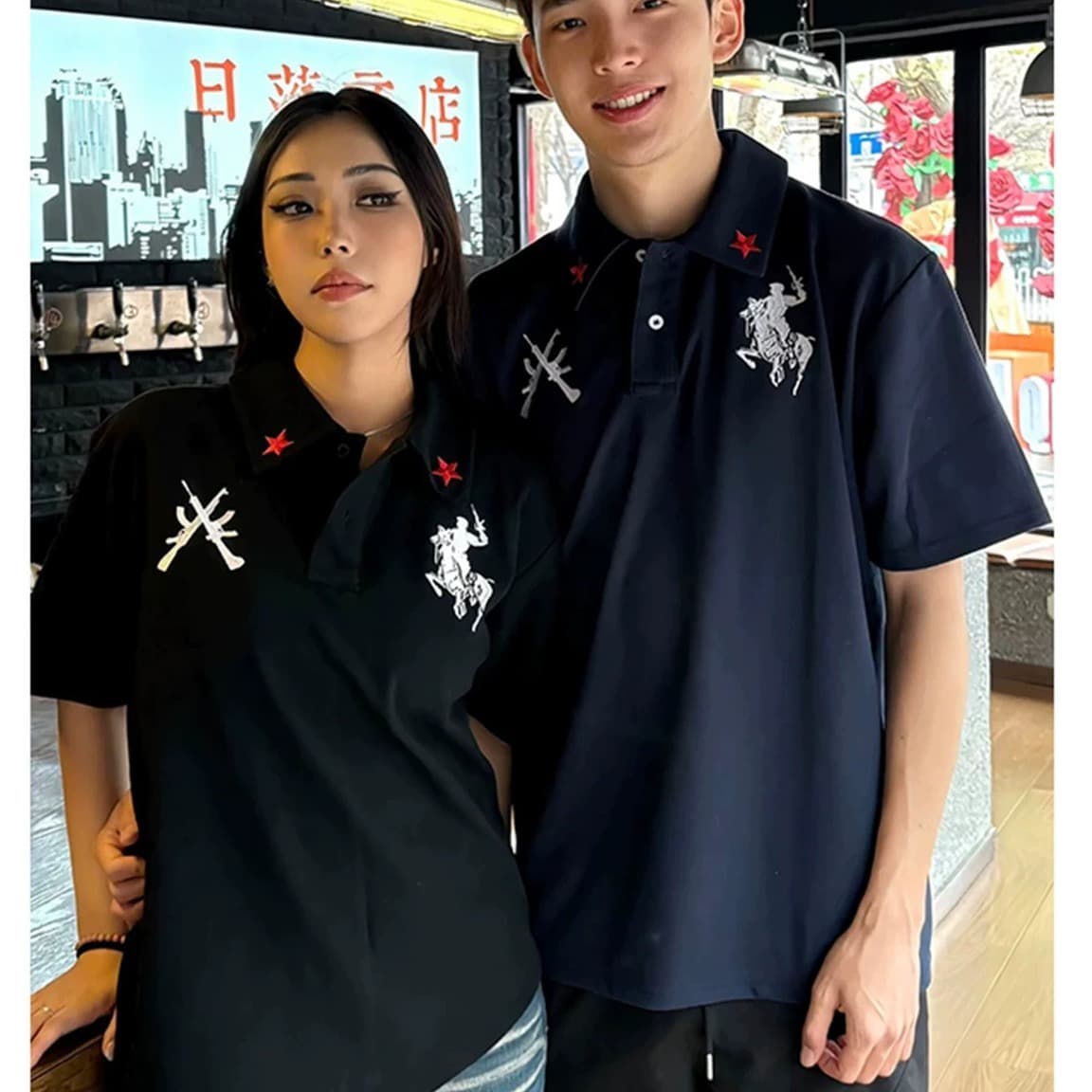 아메리칸 자수 POLO 칼라 학원 스타일 긍정적 인 어깨 반팔 티셔츠 남녀 여름 루즈핏 에디션 느긋한 커플룩 맨위 이미지 4