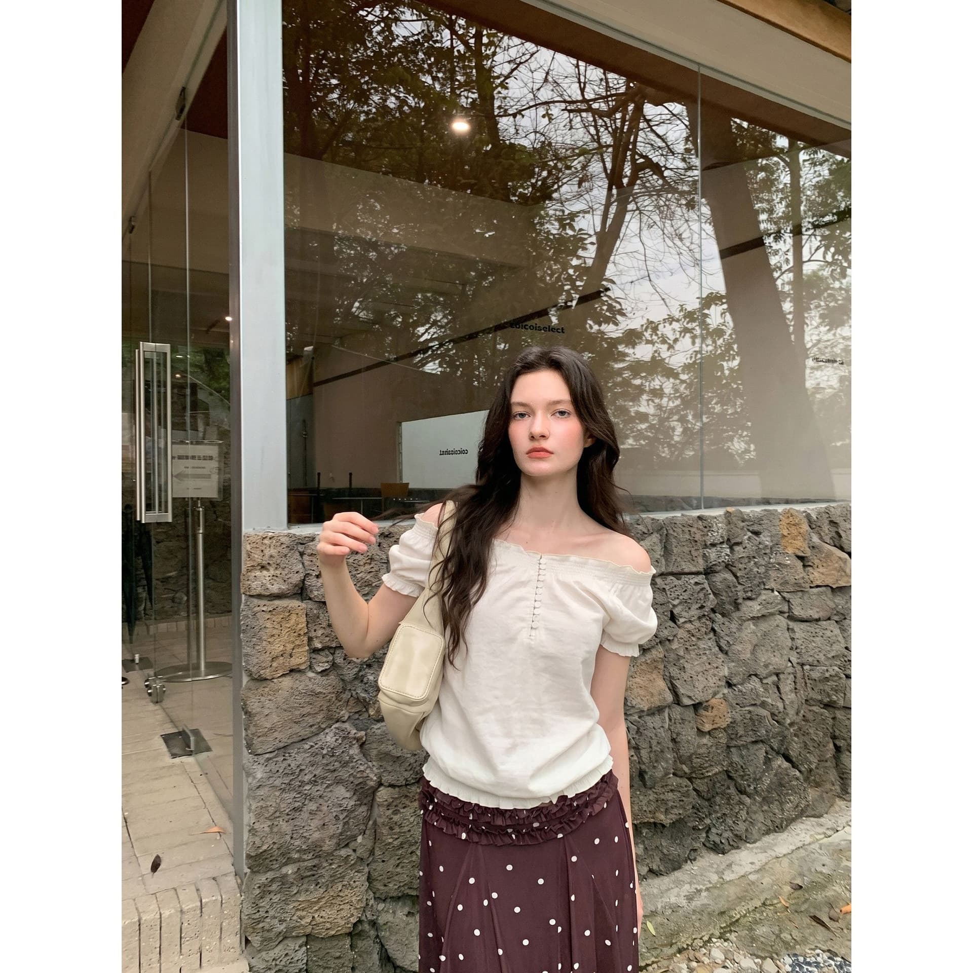 레트로 거품 소매 레이스 오프숄더 반팔 티셔츠 여성 여름 허리 수축 오프숄더 둘 착용 맨위 이미지 5