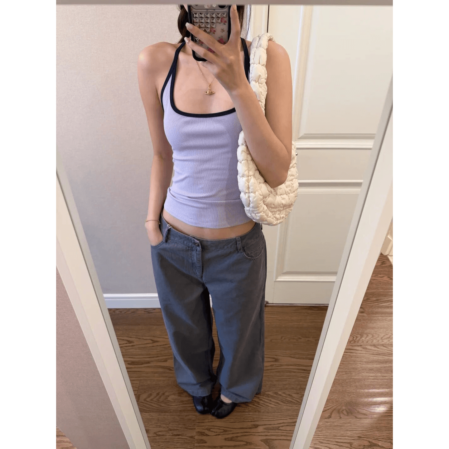 한 부서 배색 u 칼라 작은 슬링 조끼 이미지 5